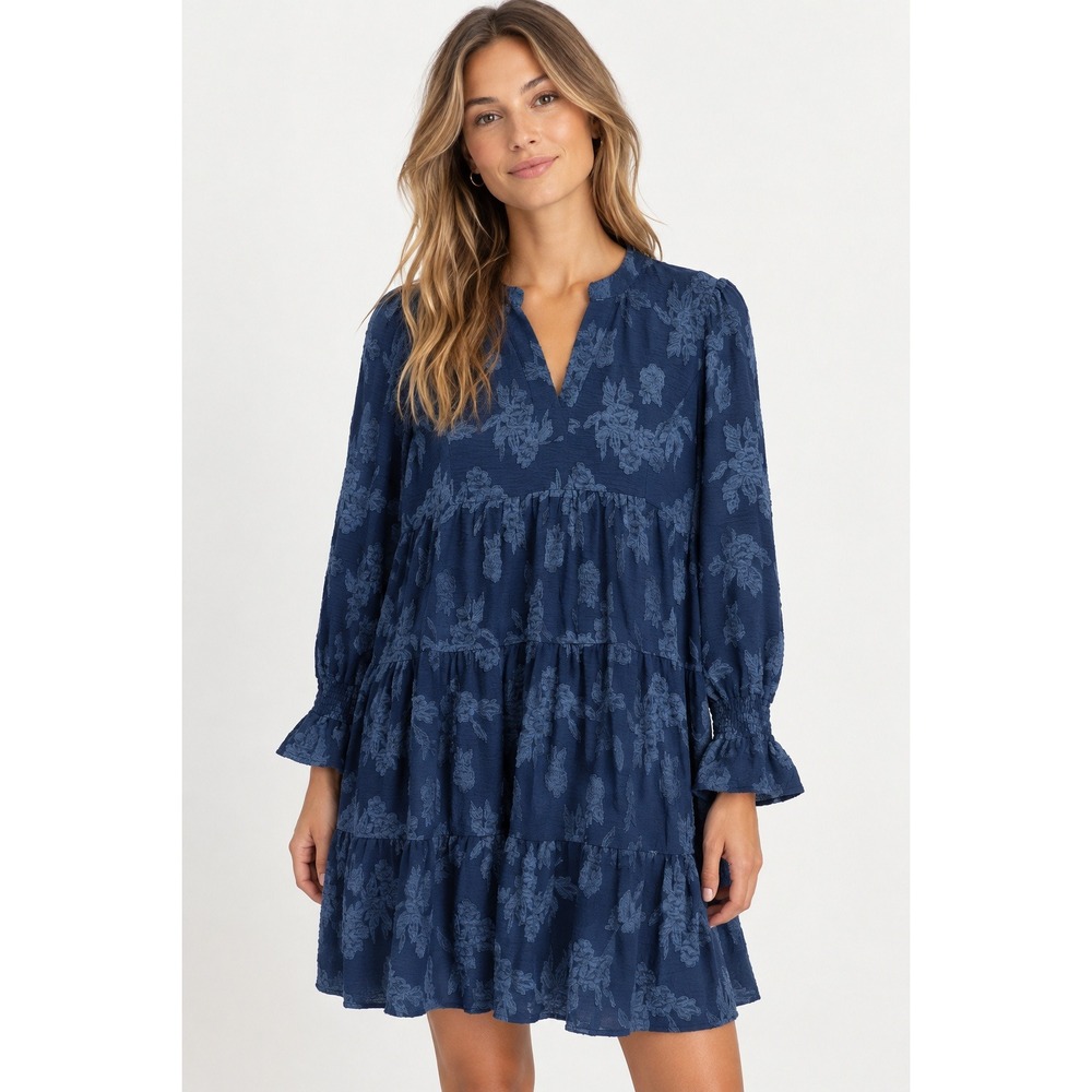 Umgee Mini Dress Womens Medium Navy Blue Floral Textured Smocked Sleeve Tiered